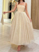 A-line Square Ruffles Ankle-Length Corset Prom Dress