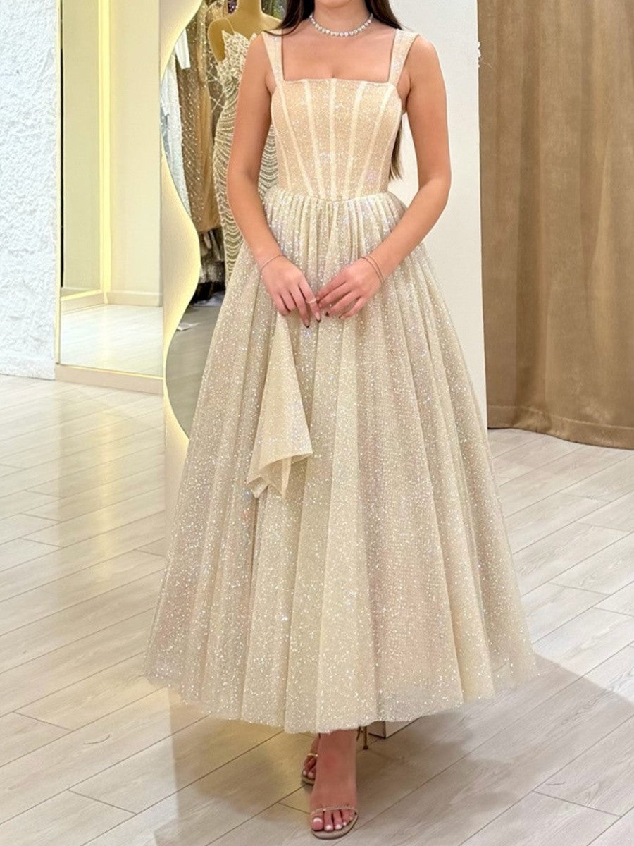 A-line Square Ruffles Ankle-Length Corset Prom Dress