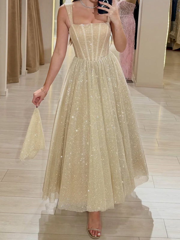 A-line Square Ruffles Ankle-Length Corset Prom Dress