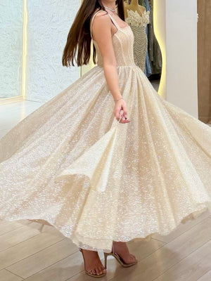 A-line Square Ruffles Ankle-Length Corset Prom Dress