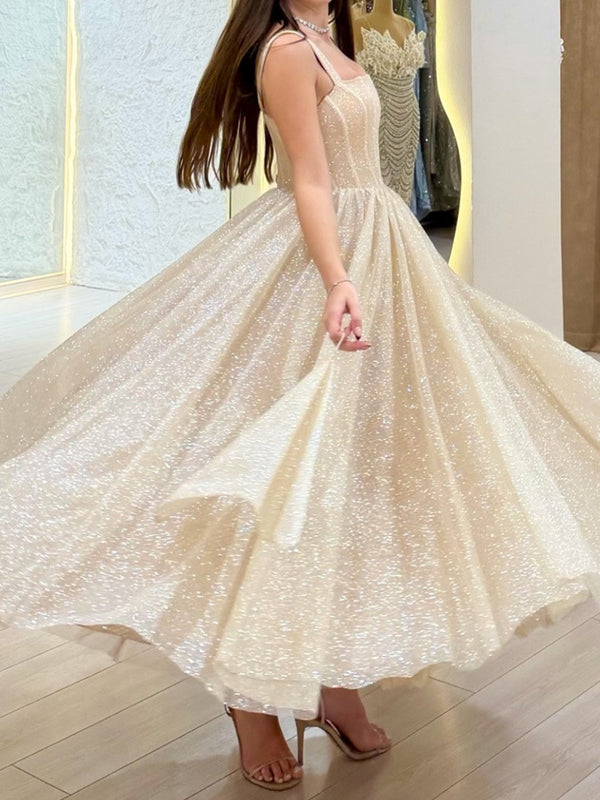 A-line Square Ruffles Ankle-Length Corset Prom Dress