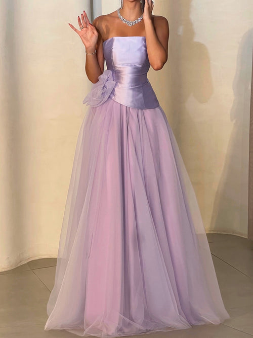 A-line Straight Bow Sweep Train Tulle Corset Prom Dress