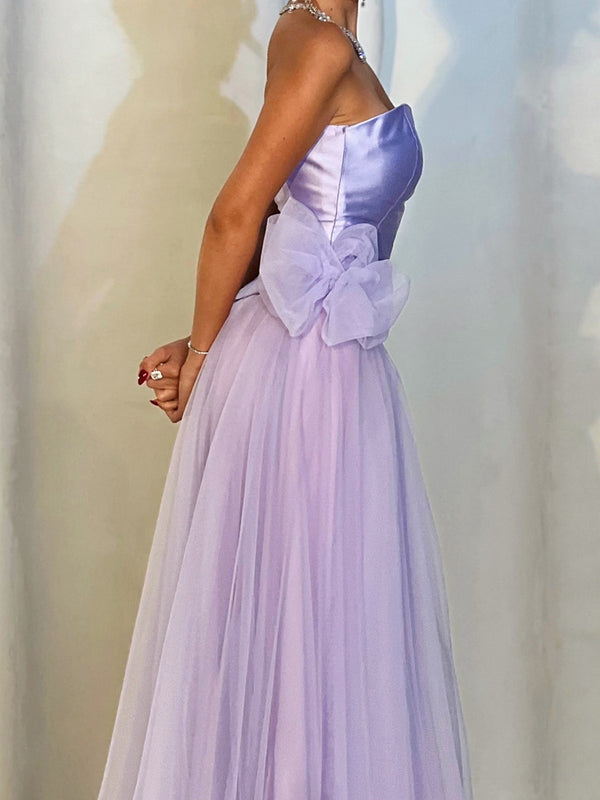A-line Straight Bow Sweep Train Tulle Corset Prom Dress