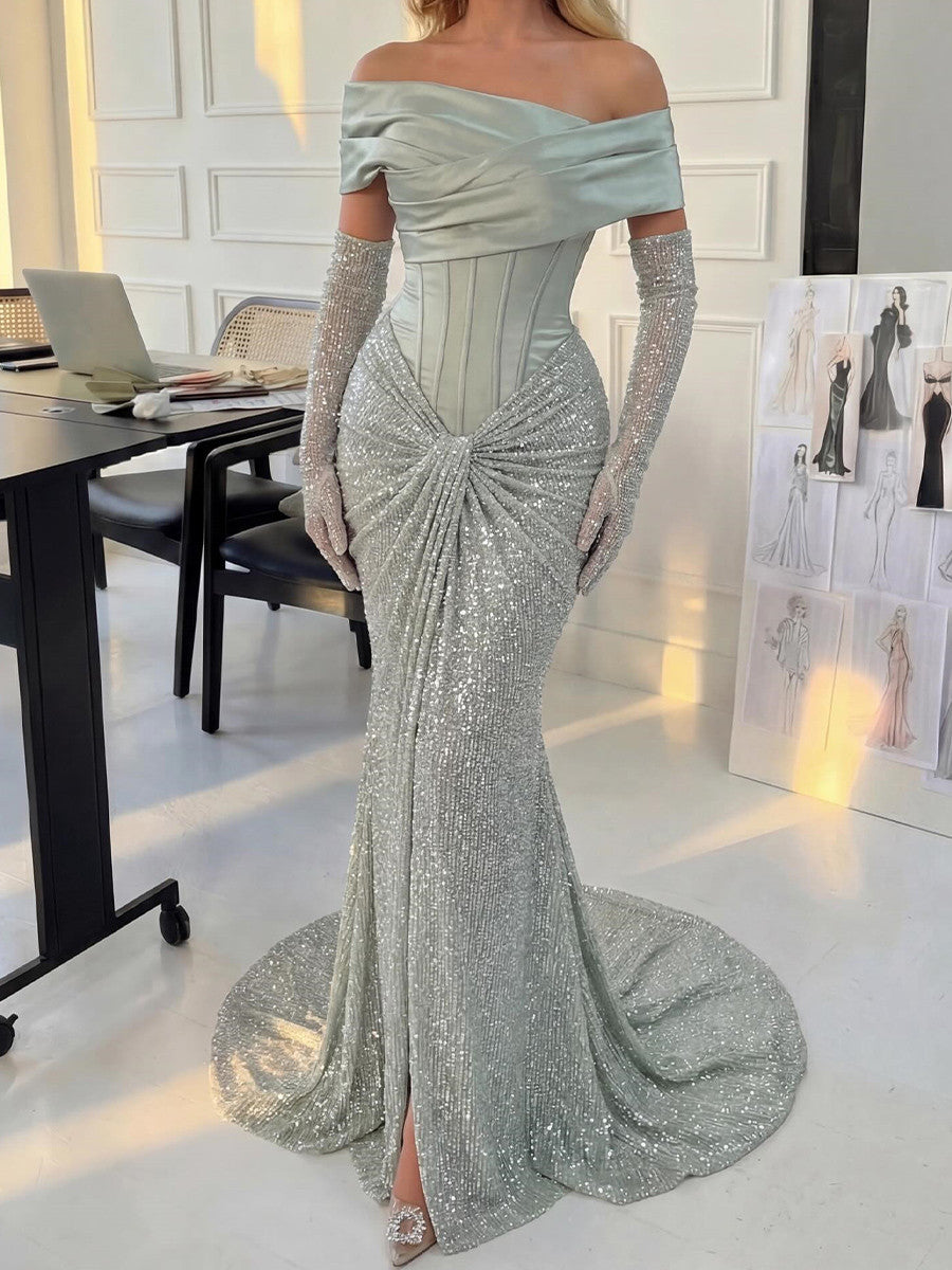 Sheath Off-the-Shoulder Pleated Sweep Train Satin Corset Prom Dress