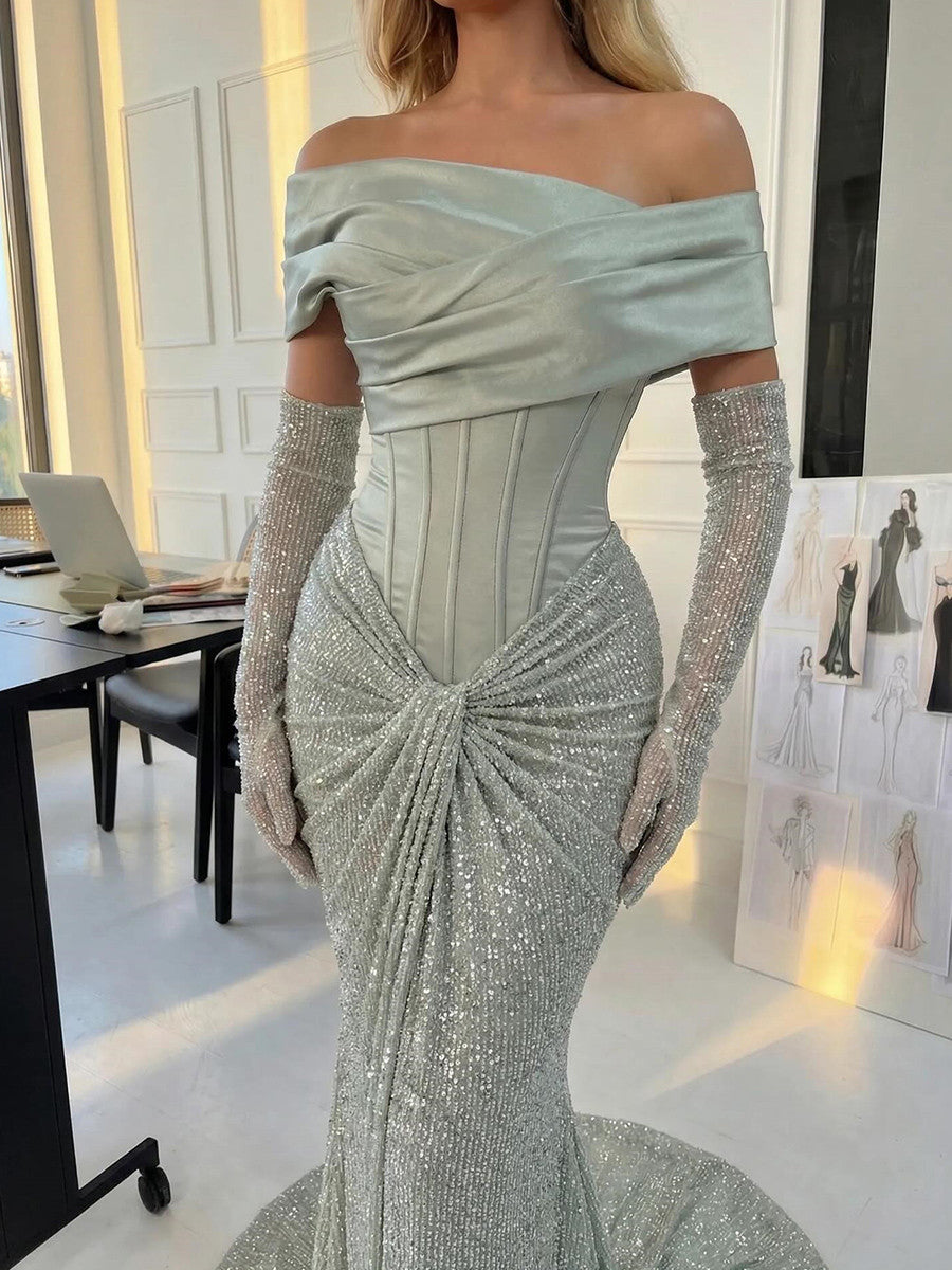 Sheath Off-the-Shoulder Pleated Sweep Train Satin Corset Prom Dress