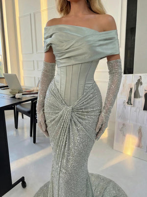 Sheath Off-the-Shoulder Pleated Sweep Train Satin Corset Prom Dress