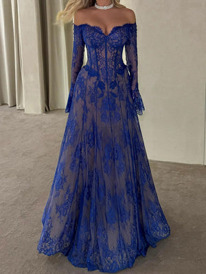 A-line Off-the-Shoulder Long Sleeves Appliques Lace Floor-Length Lace Corset Prom Dress