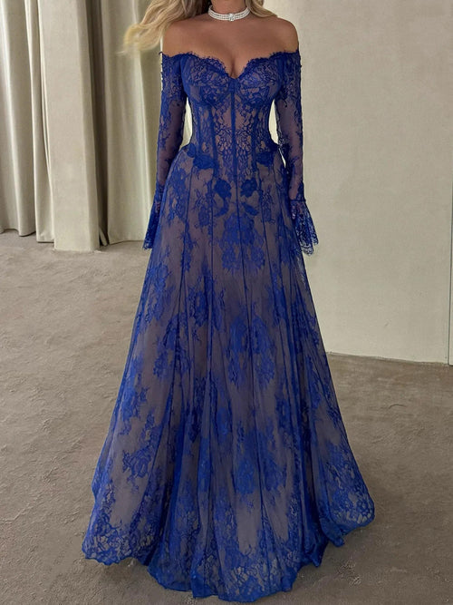 A-line Off-the-Shoulder Long Sleeves Appliques Lace Floor-Length Lace Corset Prom Dress