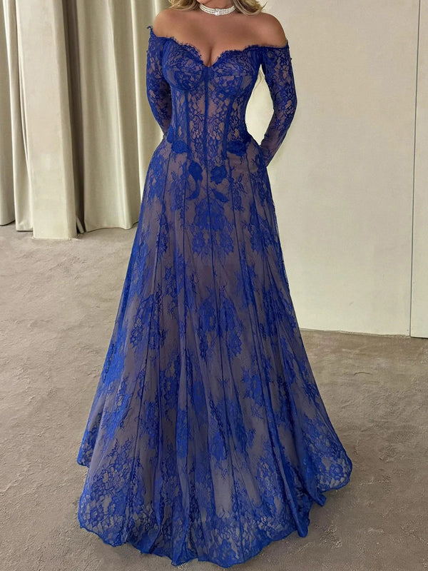 A-line Off-the-Shoulder Long Sleeves Appliques Lace Floor-Length Lace Corset Prom Dress