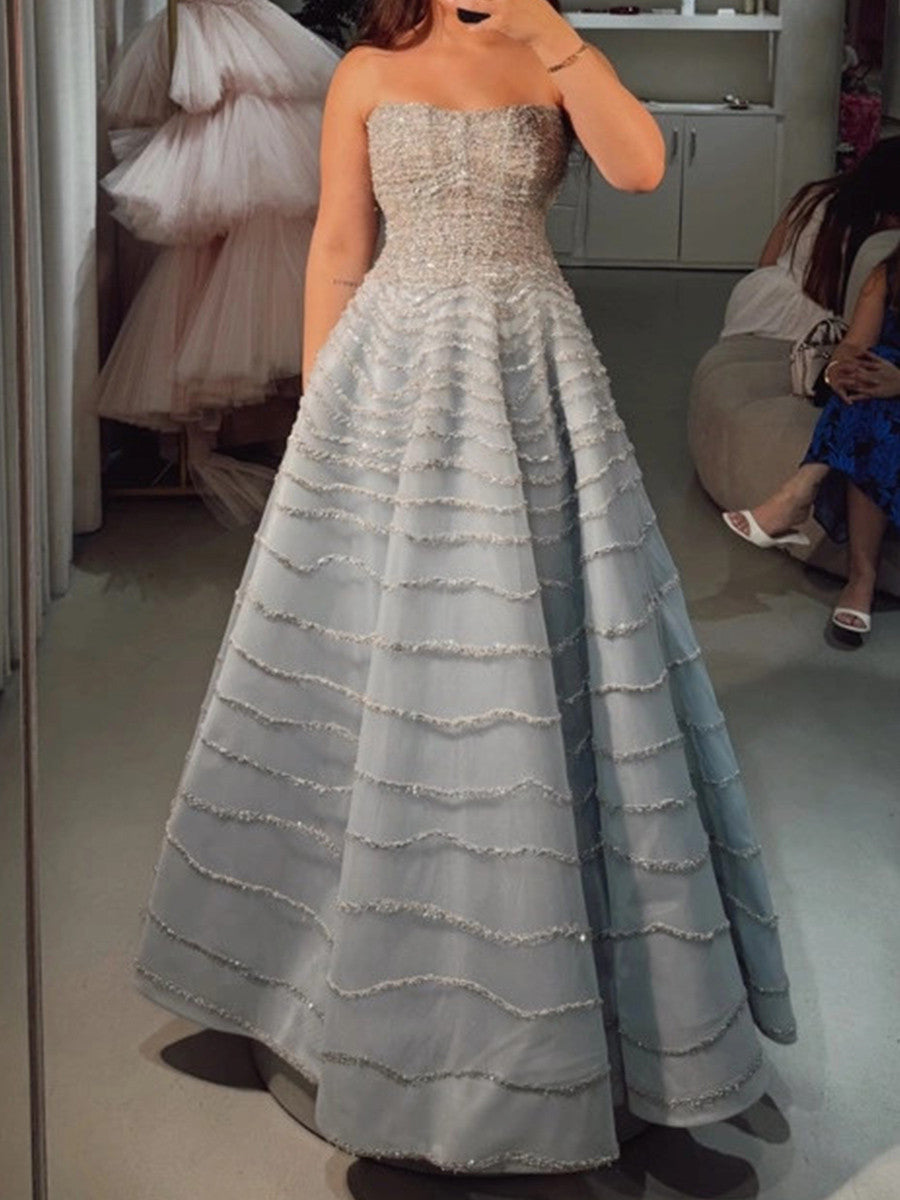 A-line Straight Sequin Floor-Length Tulle Corset Prom Dress