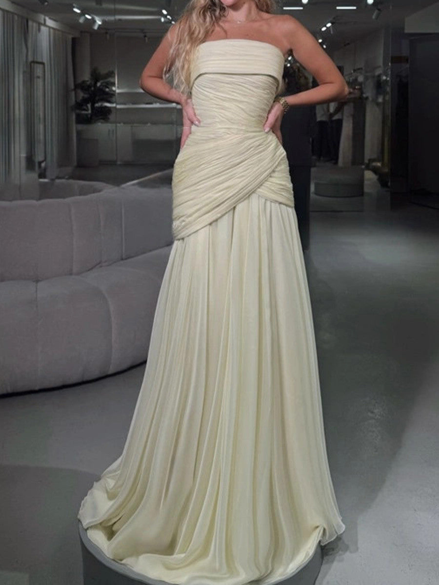 A-line Straight Pleated Floor-Length Chiffon Corset Prom Dress