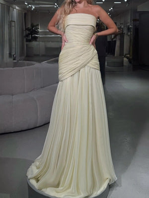 A-line Straight Pleated Floor-Length Chiffon Corset Prom Dress