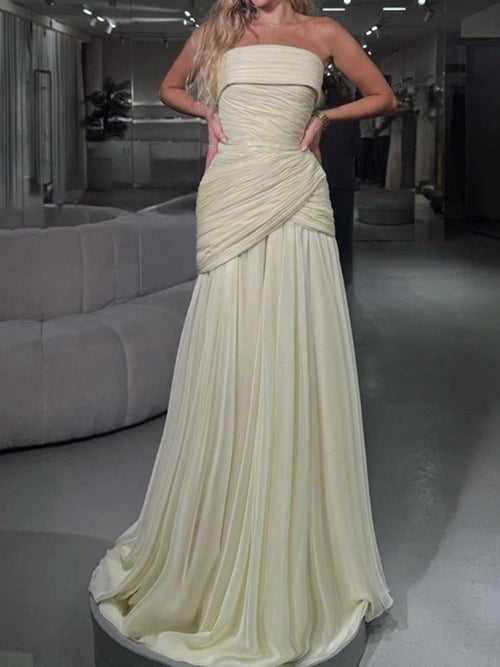 A-line Straight Pleated Floor-Length Chiffon Corset Prom Dress