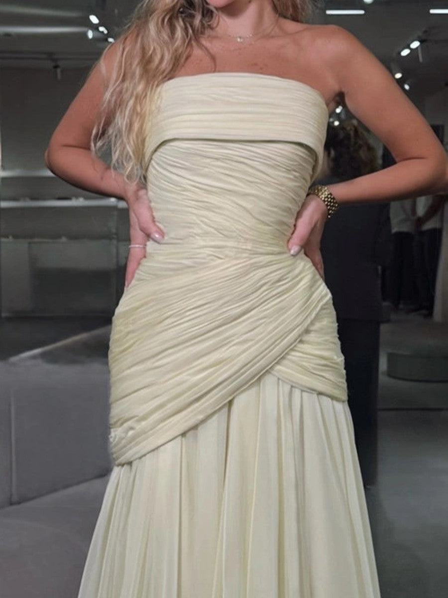 A-line Straight Pleated Floor-Length Chiffon Corset Prom Dress