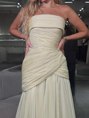 A-line Straight Pleated Floor-Length Chiffon Corset Prom Dress