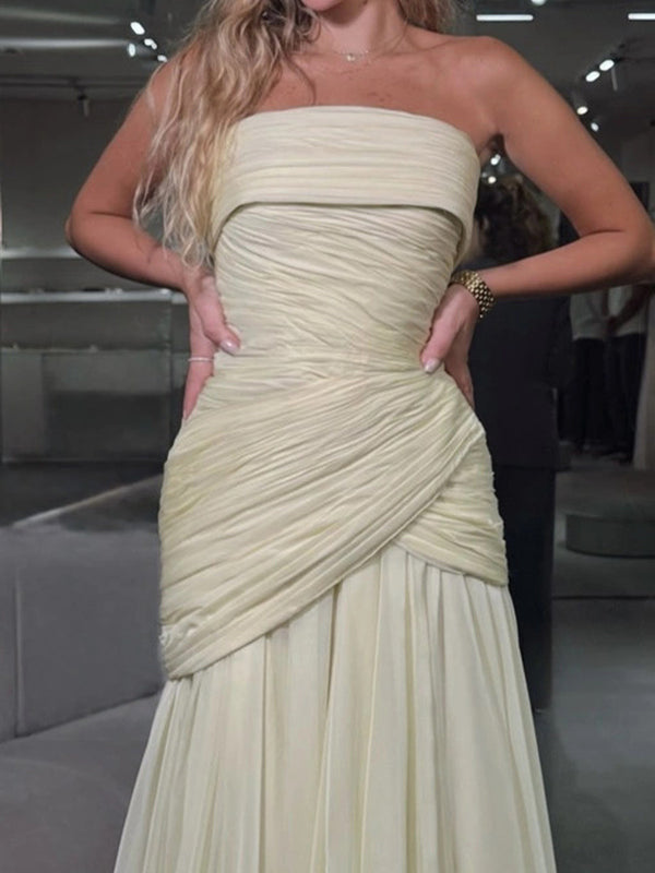 A-line Straight Pleated Floor-Length Chiffon Corset Prom Dress