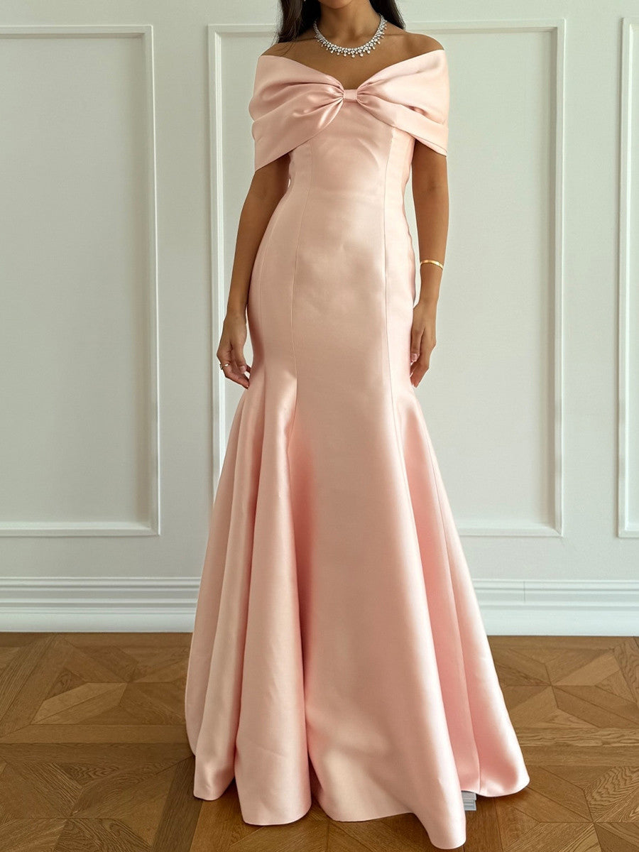 Mermaid Off-the-Shoulder Bow Floor-Length Satin Corset Prom Dress