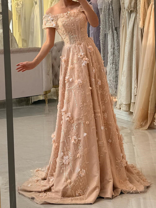 A-line Off-the-Shoulder Flower Sweep Train Corset Prom Dress