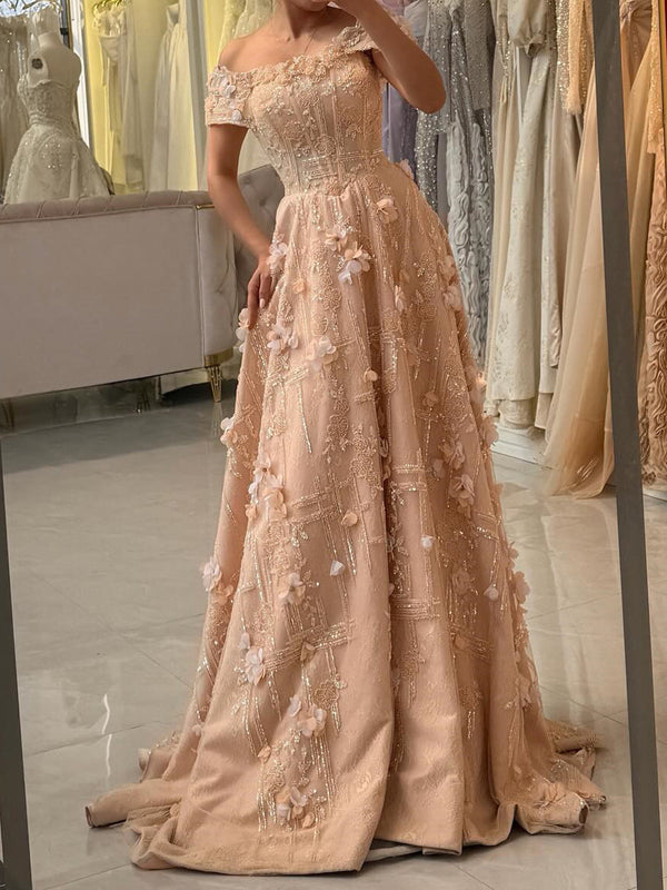 A-line Off-the-Shoulder Flower Sweep Train Corset Prom Dress