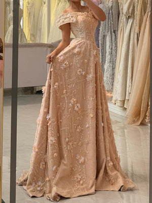 A-line Off-the-Shoulder Flower Sweep Train Corset Prom Dress