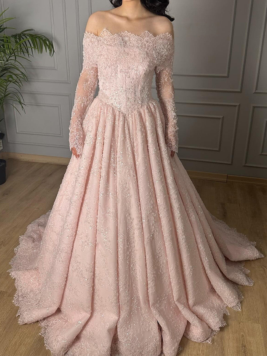 A-line Off-the-Shoulder Long Sleeves Appliques Lace Sweep Train Satin Corset Prom Dress