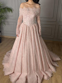 A-line Off-the-Shoulder Long Sleeves Appliques Lace Sweep Train Satin Corset Prom Dress