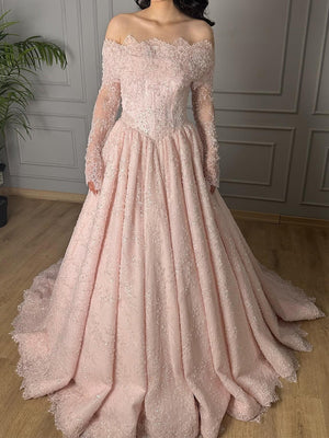A-line Off-the-Shoulder Long Sleeves Appliques Lace Sweep Train Satin Corset Prom Dress