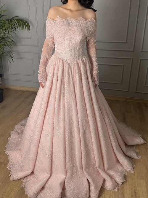 A-line Off-the-Shoulder Long Sleeves Appliques Lace Sweep Train Satin Corset Prom Dress