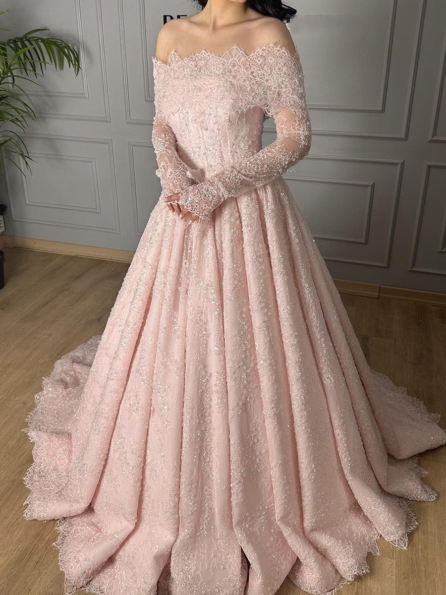 A-line Off-the-Shoulder Long Sleeves Appliques Lace Sweep Train Satin Corset Prom Dress