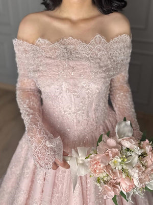A-line Off-the-Shoulder Long Sleeves Appliques Lace Sweep Train Satin Corset Prom Dress
