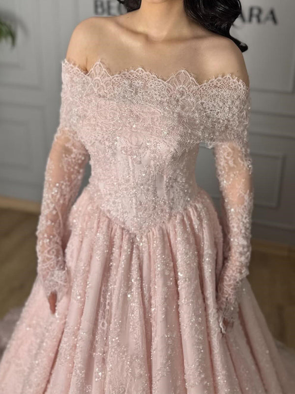 A-line Off-the-Shoulder Long Sleeves Appliques Lace Sweep Train Satin Corset Prom Dress