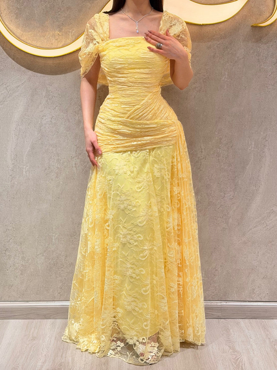 A-line Square Short Sleeves Appliques Lace Floor-Length Lace Corset Prom Dress