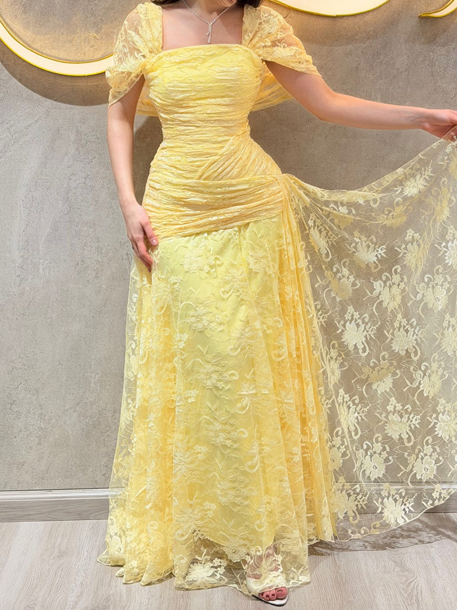 A-line Square Short Sleeves Appliques Lace Floor-Length Lace Corset Prom Dress