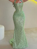 Sheath Halter Pleated Sweep Train Lace Prom Dress