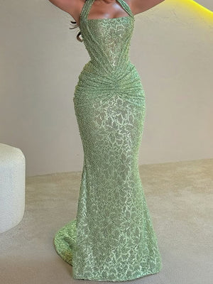 Sheath Halter Pleated Sweep Train Lace Prom Dress