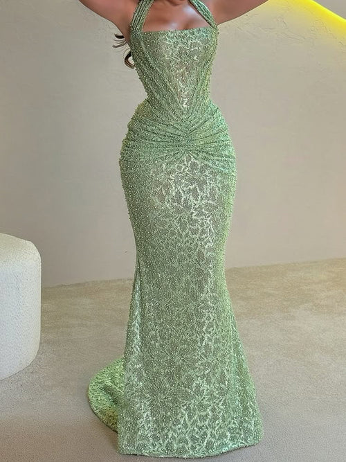 Sheath Halter Pleated Sweep Train Lace Prom Dress