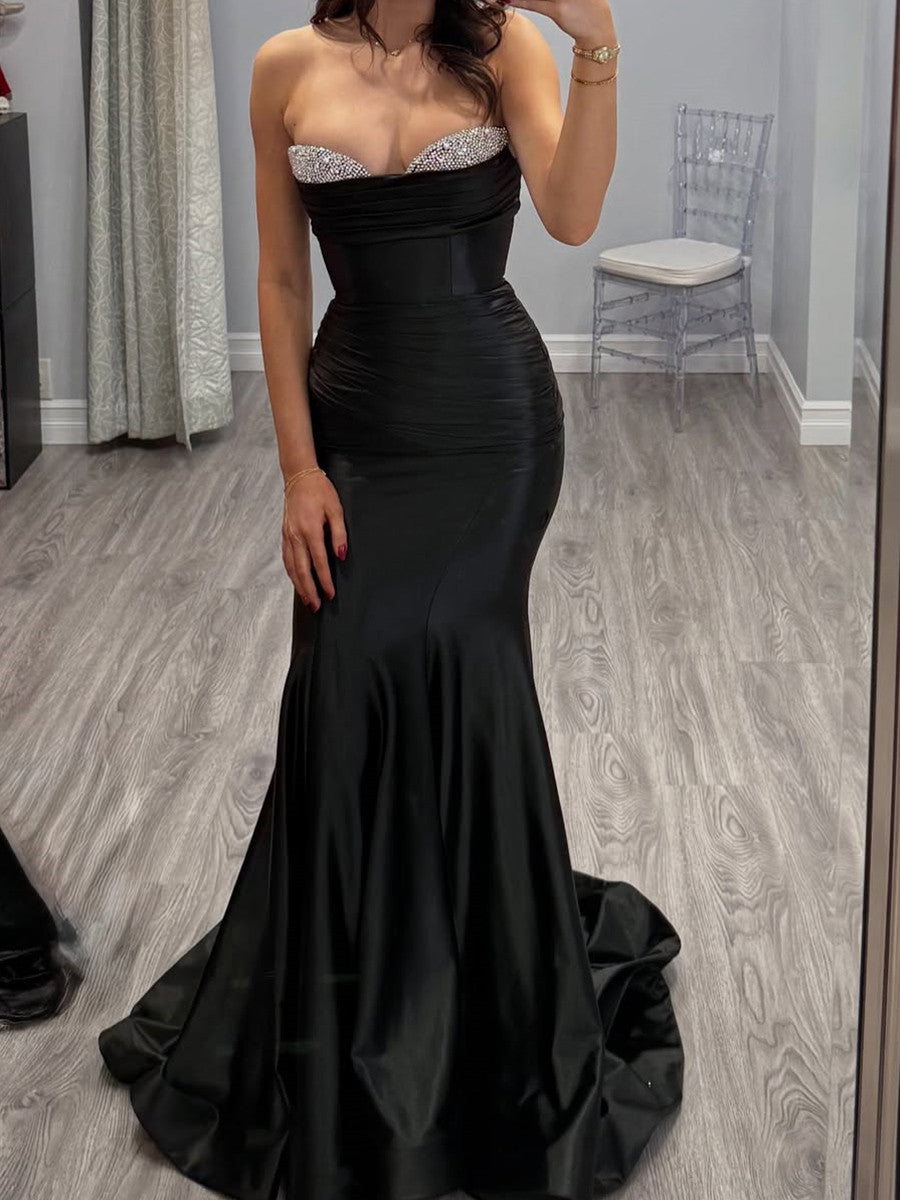 Mermaid Straight Beading Sweep Train Silk Like Satin Corset Prom Dress