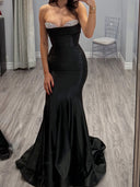Mermaid Straight Beading Sweep Train Silk Like Satin Corset Prom Dress