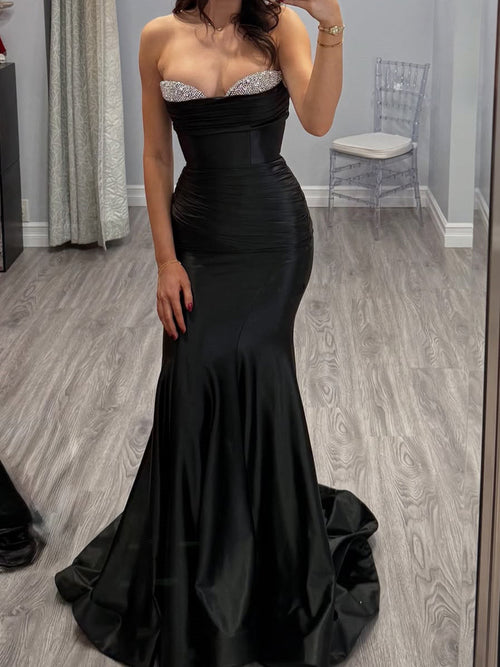 Mermaid Straight Beading Sweep Train Silk Like Satin Corset Prom Dress