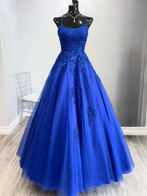 A-line Off-the-Shoulder Appliques Lace Floor-Length Tulle Corset Prom Dress