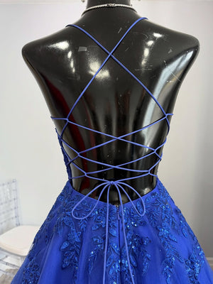 A-line Off-the-Shoulder Appliques Lace Floor-Length Tulle Corset Prom Dress