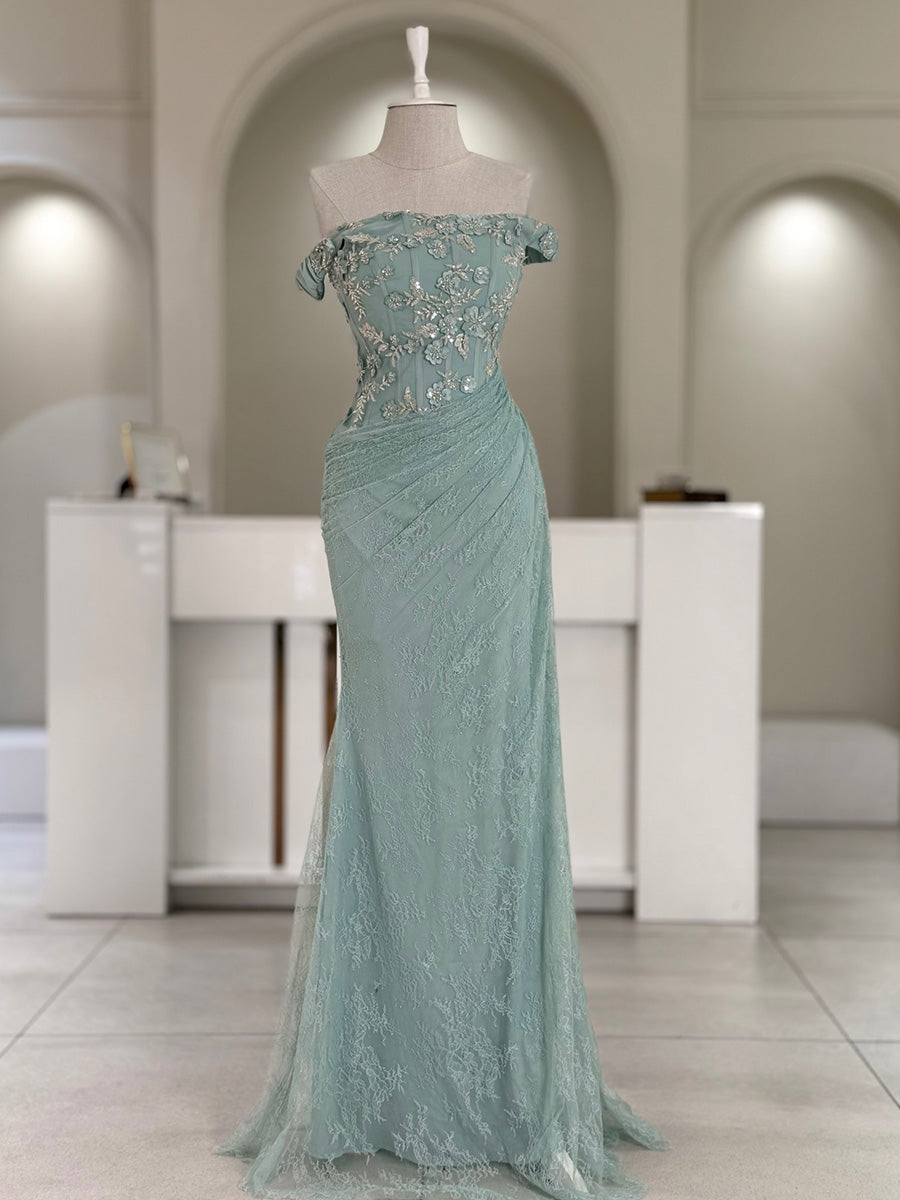 Sheath Off-the-Shoulder Beading Floor-Length Lace Corset Prom Dress