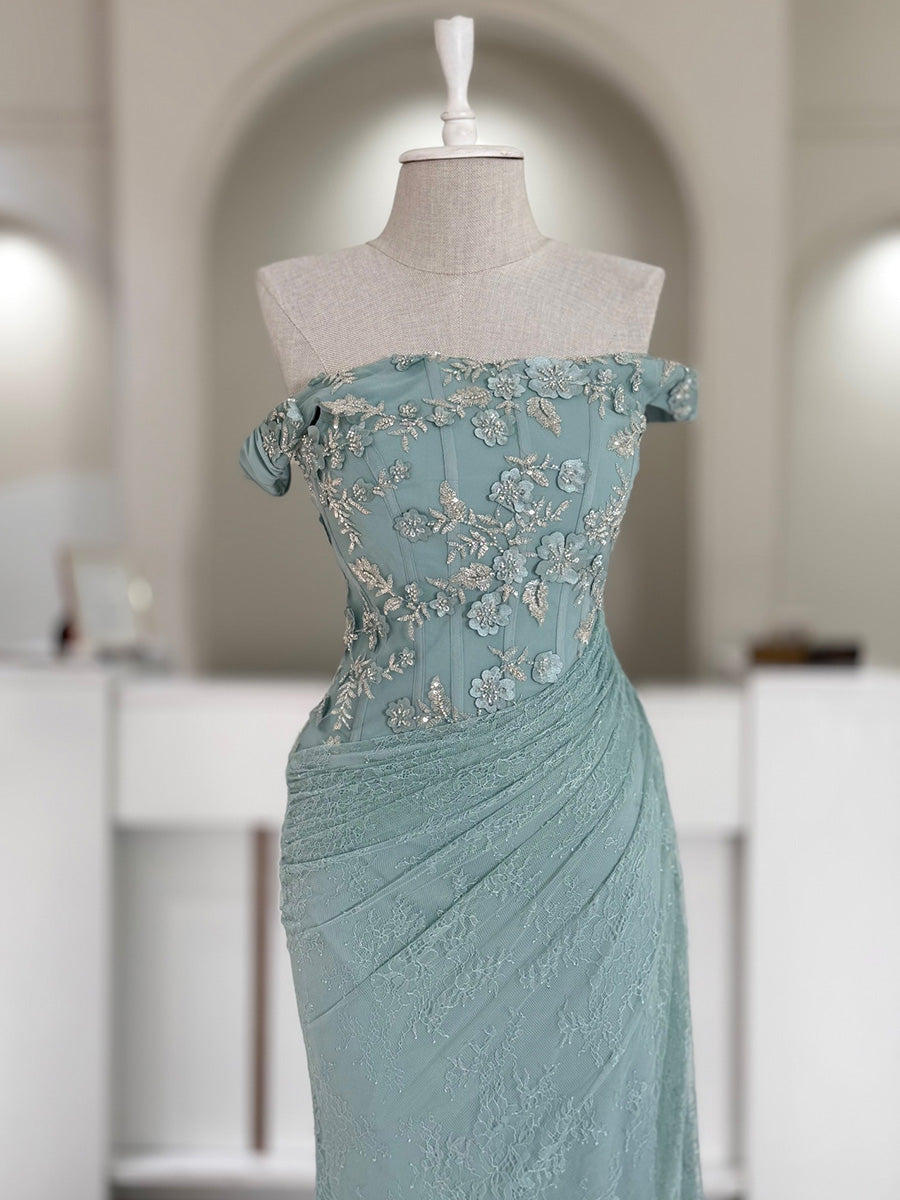 Sheath Off-the-Shoulder Beading Floor-Length Lace Corset Prom Dress