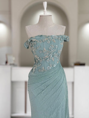 Sheath Off-the-Shoulder Beading Floor-Length Lace Corset Prom Dress