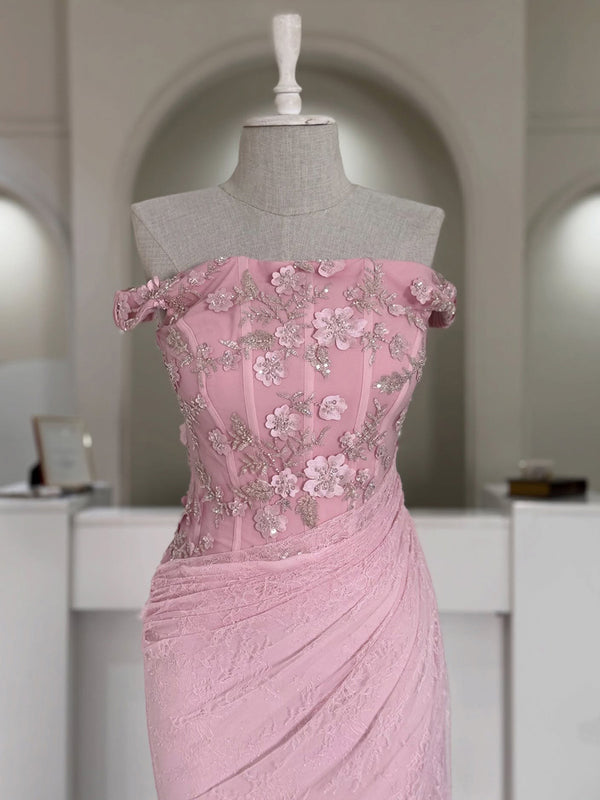 Sheath Off-the-Shoulder Beading Floor-Length Lace Corset Prom Dress