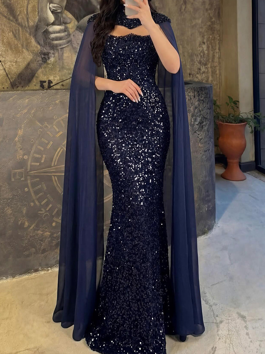 Mermaid High Neck Sequin Floor-Length Velvet Sequins Corset Prom Dress