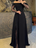 A-line Off-the-Shoulder Long Sleeves Appliques Lace Floor-Length Stretch Crepe Prom Dress