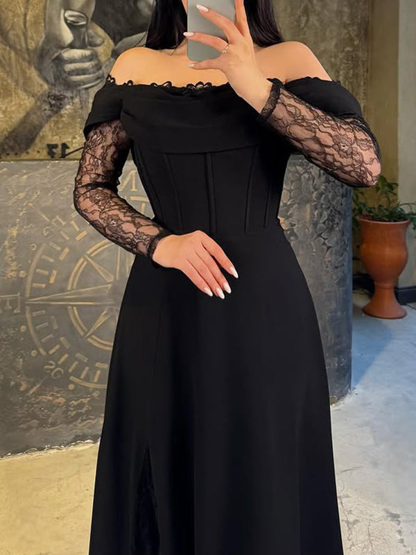 A-line Off-the-Shoulder Long Sleeves Appliques Lace Floor-Length Stretch Crepe Prom Dress