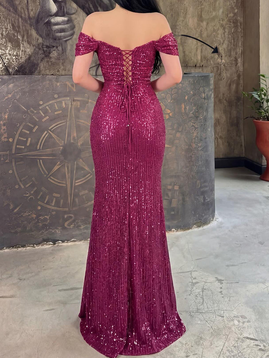 Sheath Off-the-Shoulder Sequin Floor-Length Sequins Prom Dress
