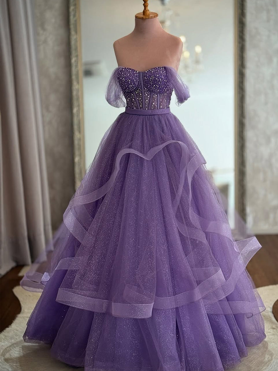 A-line Off-the-Shoulder Beading Floor-Length Tulle Corset Prom Dress